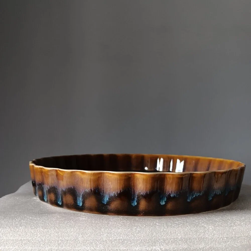 New Ceramic Fluted Round Baking Serving Dish Seamist Glaze Brown Blue 9